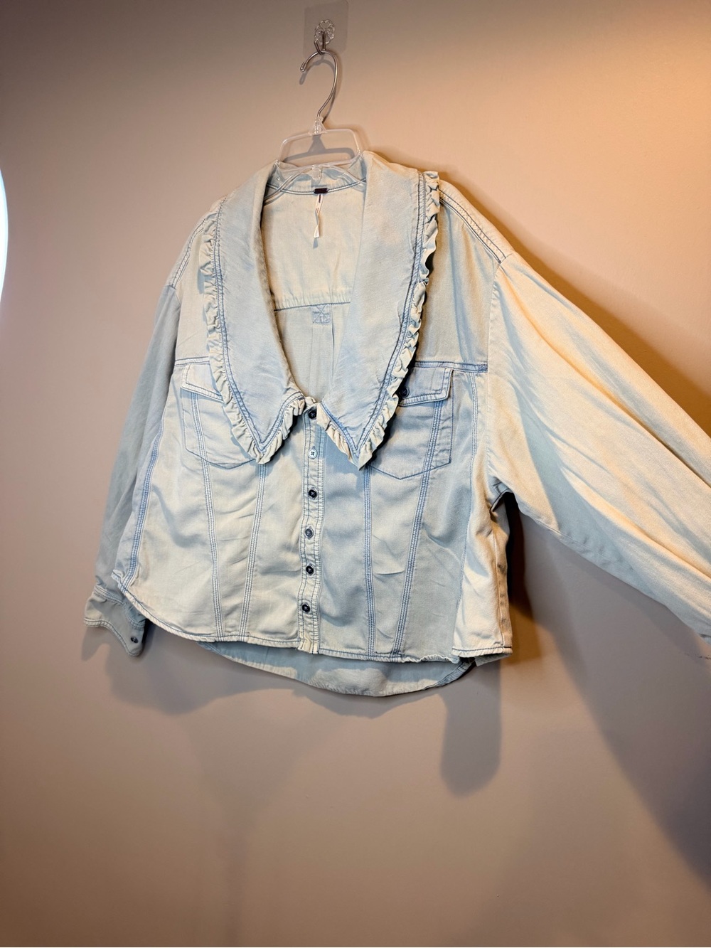 Free People Pale Blue Ruffle Collar Denim top